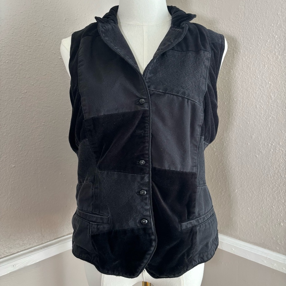 Vintage Ralph Lauren Black Denim Patchwork Velvet Velour Fitted Vest Size Large - Picture 6 of 6